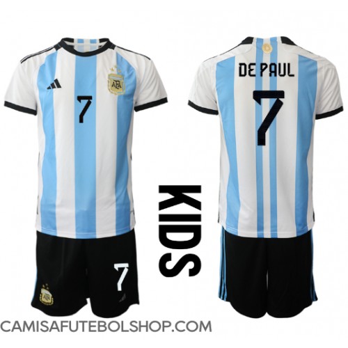 Camisa de time de futebol Argentina Rodrigo de Paul #7 Replicas 1º Equipamento Infantil Mundo 2022 Manga Curta (+ Calças curtas)